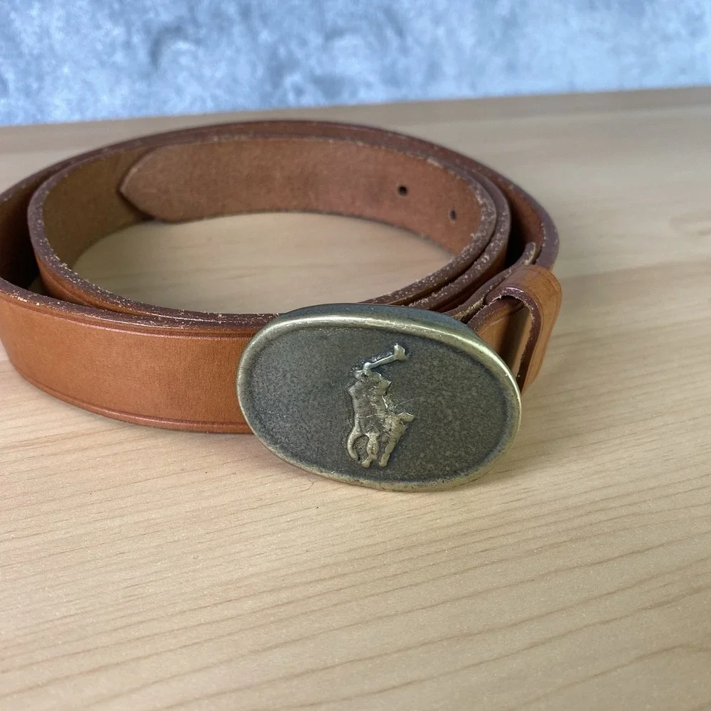 Vintage Polo Ralph Lauren Belt‎ Mens Size 36 Brown Leather Brass Pony Buckle 70s